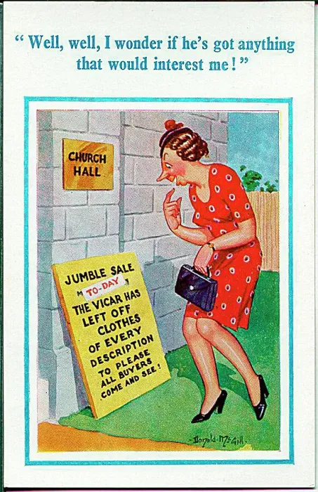 : Comic postcard, Woman reads notice for jumble sale Date: 20th century : Comic postcard, Woman reads notice for jumble sale Date: 20th century