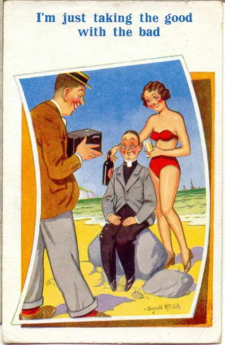 Framed Print : Comic postcard, Woman in red bikini at the seaside Framed Print : Comic postcard, Woman in red bikini at the seaside