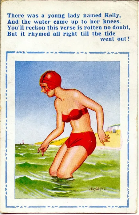 Framed Print : Comic postcard, Woman in red bikini at the seaside Framed Print : Comic postcard, Woman in red bikini at the seaside