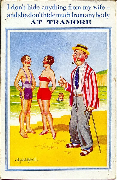 Comic postcard, Woman in red bikini at the seaside, chatting to a man on the beach while