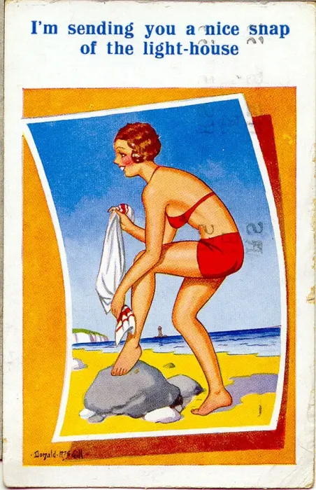 Framed Print : Comic postcard, Woman in red bikini at the seaside Date: 20th century Framed Print : Comic postcard, Woman in red bikini at the seaside Date: 20th century