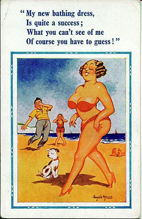 : Comic postcard, Woman in red bikini at the seaside Date: 20th century : Comic postcard, Woman in red bikini at the seaside Date: 20th century