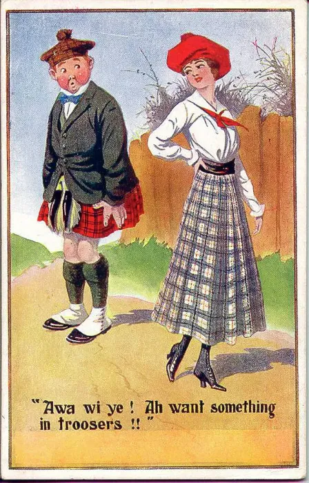 Framed Print : Comic postcard, Woman rejects Scotsman - Awa wi ye! Ah want something in troosers!! Date: early 20th century Framed Print : Comic postcard, Woman rejects Scotsman - Awa wi ye! Ah want something in troosers!! Date: early 20th century