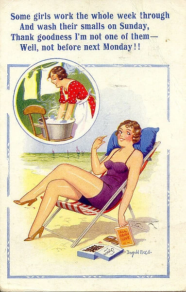 Comic postcard, Woman relaxing on the beach, pleased not to be back at home doing