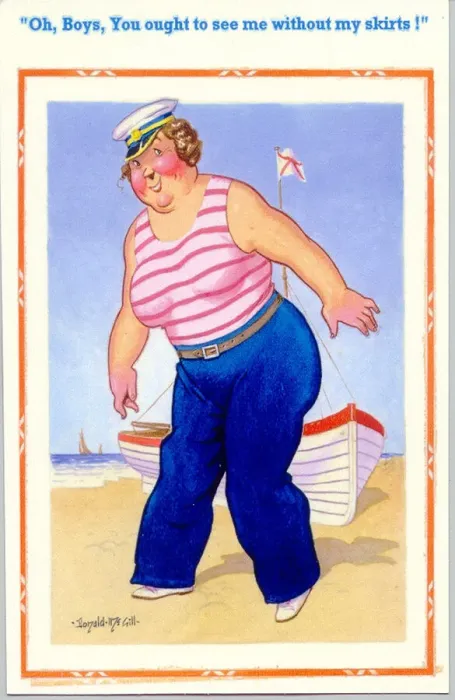 Framed Print : Comic postcard, Woman in sailors costume at the seaside Date: 20th century Framed Print : Comic postcard, Woman in sailors costume at the seaside Date: 20th century