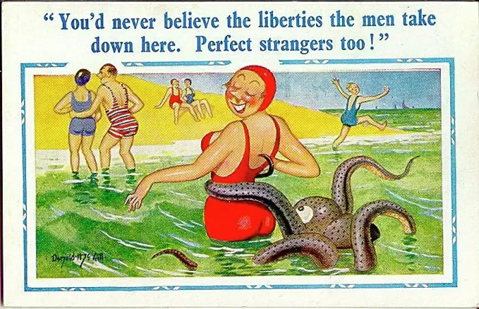 : Comic postcard, Woman in the sea with an octopus : Comic postcard, Woman in the sea with an octopus