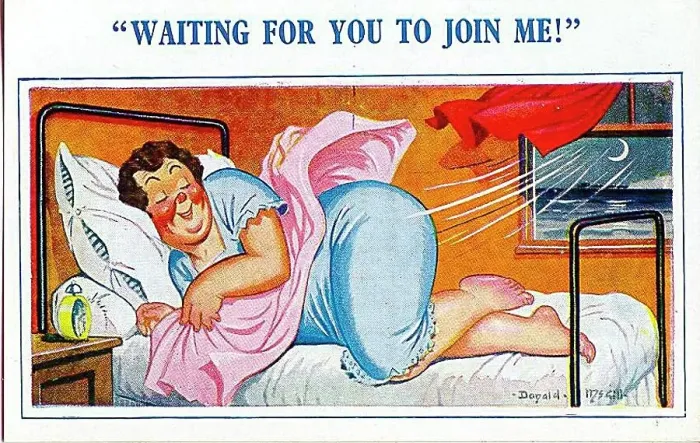 : Comic postcard, Woman in her seaside hotel bedroom Date: 20th century : Comic postcard, Woman in her seaside hotel bedroom Date: 20th century