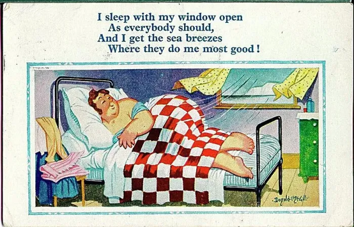 : Comic postcard, Woman in her seaside hotel bedroom Date: 20th century : Comic postcard, Woman in her seaside hotel bedroom Date: 20th century