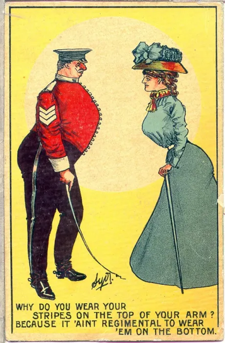 Framed Print : Comic postcard, Woman and sergeant Date: early 20th century Framed Print : Comic postcard, Woman and sergeant Date: early 20th century