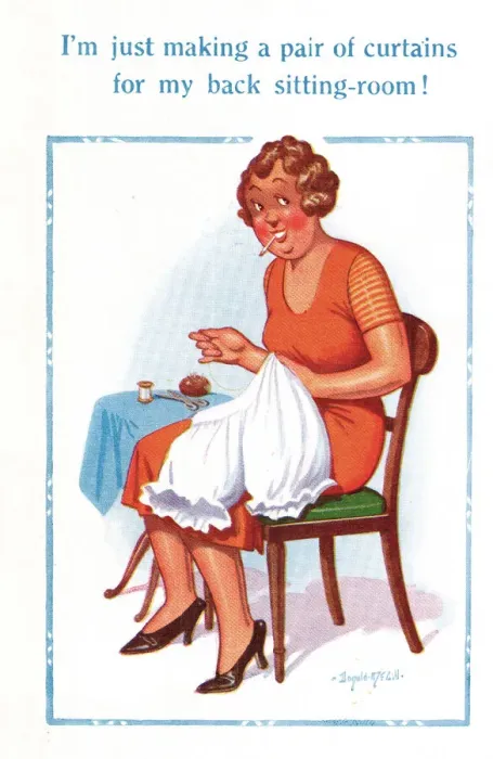 Framed Print : Comic postcard, woman sewing underwear Framed Print : Comic postcard, woman sewing underwear