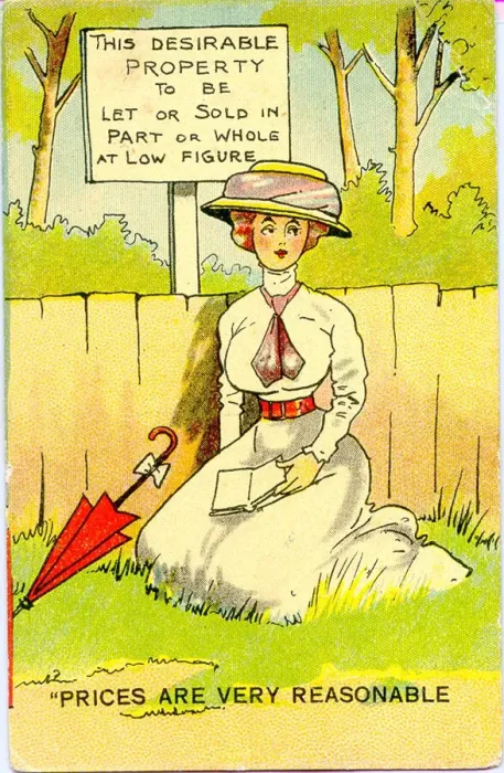 Framed Print : Comic postcard, Woman sitting in a park Date: early 20th century Framed Print : Comic postcard, Woman sitting in a park Date: early 20th century