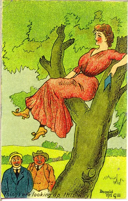 Framed Print : Comic postcard, Woman sitting in a tree - Things are looking up this way Date Framed Print : Comic postcard, Woman sitting in a tree - Things are looking up this way Date