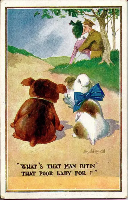 Framed Print : Comic postcard, Woman and soldier kissing, watched by two dogs. Date: 1914-1918 Framed Print : Comic postcard, Woman and soldier kissing, watched by two dogs. Date: 1914-1918