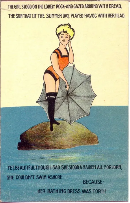 Framed Print : Comic postcard, Woman standing on a rock in the sea Date: early 20th century Framed Print : Comic postcard, Woman standing on a rock in the sea Date: early 20th century