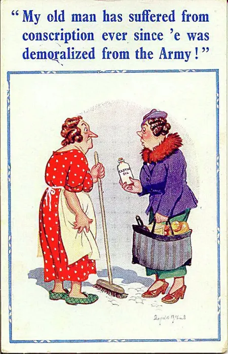 : Comic postcard, Woman talks about her husband Date: 20th century : Comic postcard, Woman talks about her husband Date: 20th century