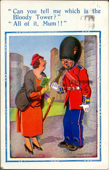 Framed Print : Comic postcard, Woman at the Tower of London Date: 20th century Framed Print : Comic postcard, Woman at the Tower of London Date: 20th century