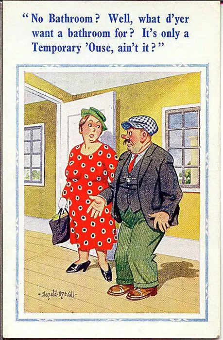 : Comic postcard, Woman viewing house - no bathroom Date: 20th century : Comic postcard, Woman viewing house - no bathroom Date: 20th century