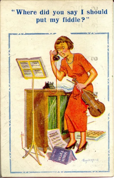 Framed Print : Comic postcard, Woman with violin on the phone Date: 20th century Framed Print : Comic postcard, Woman with violin on the phone Date: 20th century