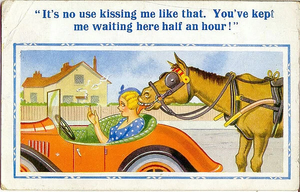 Comic postcard, Woman waiting in a car - and a horse! Date: 20th century