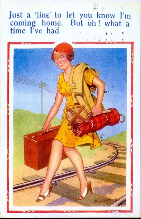 Framed Print : Comic postcard, Woman walking along railway track Date: 20th century Framed Print : Comic postcard, Woman walking along railway track Date: 20th century