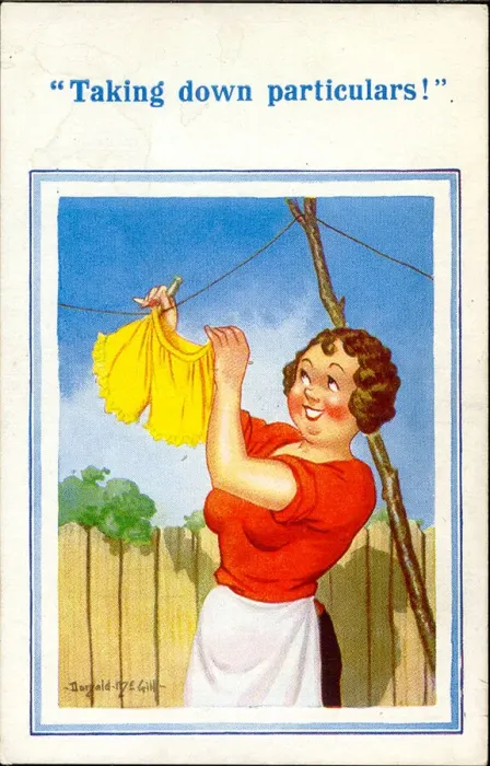 Framed Print : Comic postcard, Woman and washing line Framed Print : Comic postcard, Woman and washing line