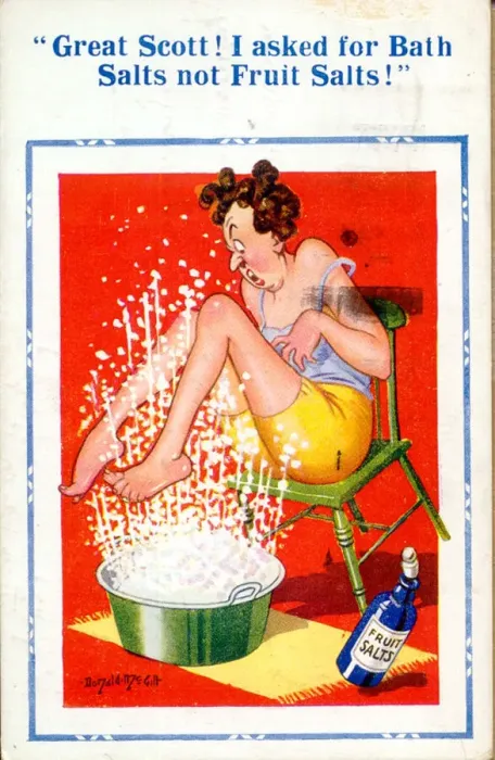 Framed Print : Comic postcard, Woman with wrong kind of salts Date: 20th century Framed Print : Comic postcard, Woman with wrong kind of salts Date: 20th century