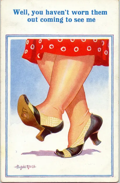 Framed Print : Comic postcard, Womans feet in court shoes Date: 20th century Framed Print : Comic postcard, Womans feet in court shoes Date: 20th century