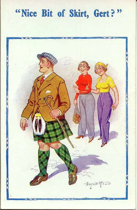 Framed Print : Comic postcard, Two women admire a Scotsman in his kilt Date: 20th century Framed Print : Comic postcard, Two women admire a Scotsman in his kilt Date: 20th century