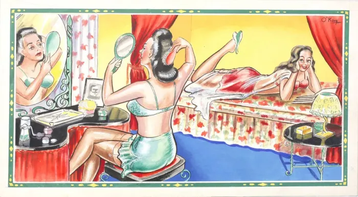 Framed Print : Comic postcard, Two women chatting in a bedroom Date: 20th century Framed Print : Comic postcard, Two women chatting in a bedroom Date: 20th century