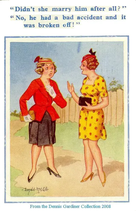 Framed Print : Comic postcard, Two women chatting Date: 20th century Framed Print : Comic postcard, Two women chatting Date: 20th century