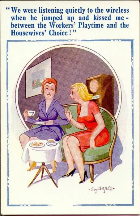 Framed Print : Comic postcard, Two women chatting Date: 20th century Framed Print : Comic postcard, Two women chatting Date: 20th century