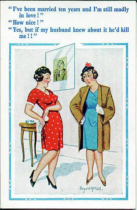 : Comic postcard, Two women chatting Date: 20th century : Comic postcard, Two women chatting Date: 20th century