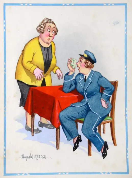 Framed Print : Comic postcard, Two women chatting - one of them in tears Framed Print : Comic postcard, Two women chatting - one of them in tears