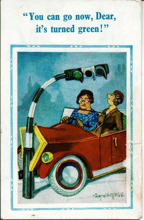 Framed Print : Comic postcard, Two women in a crashed car Date: 20th century Framed Print : Comic postcard, Two women in a crashed car Date: 20th century