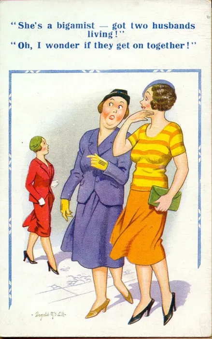 Framed Print : Comic postcard, Two women discuss bigamous woman Date: 20th century Framed Print : Comic postcard, Two women discuss bigamous woman Date: 20th century