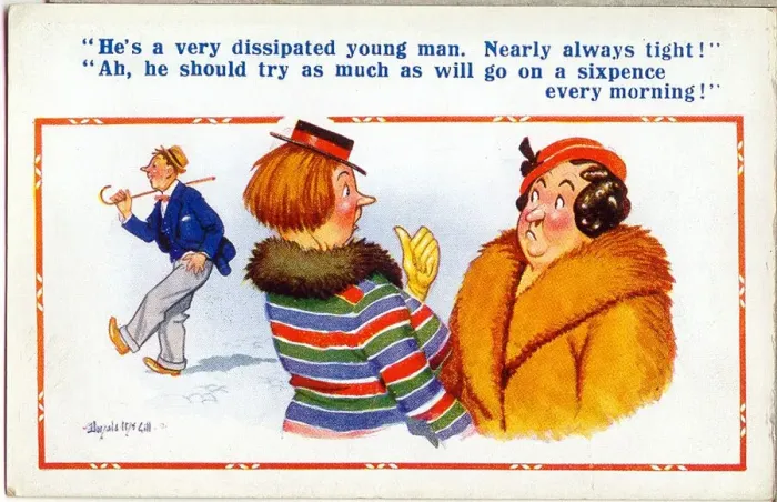 Framed Print : Comic postcard, Women discuss drunkard in street Date: 20th century Framed Print : Comic postcard, Women discuss drunkard in street Date: 20th century
