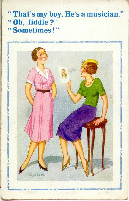 Framed Print : Comic postcard, Two women discuss musician boyfriend Framed Print : Comic postcard, Two women discuss musician boyfriend