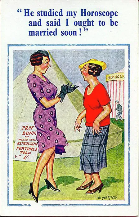 : Comic postcard, Two women at a fairground, near the fortune teller's tent Date: 20th century : Comic postcard, Two women at a fairground, near the fortune teller's tent Date: 20th century