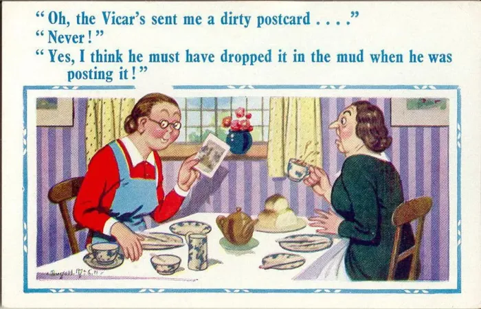 Framed Print : Comic postcard, Two women having breakfast - postcard from the vicar Date Framed Print : Comic postcard, Two women having breakfast - postcard from the vicar Date