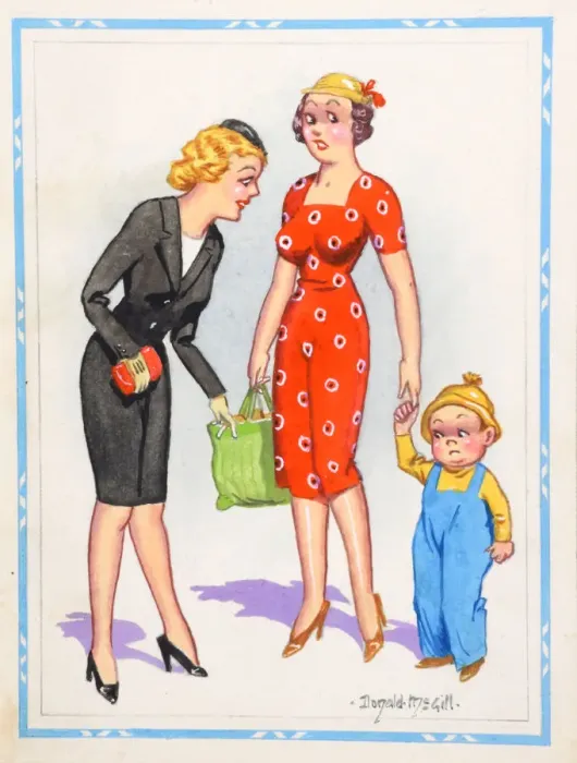Framed Print : Comic postcard, Two women and a little boy Framed Print : Comic postcard, Two women and a little boy