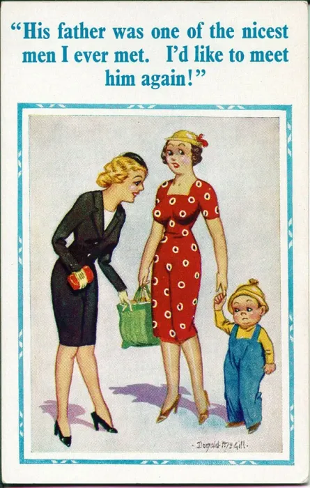 Framed Print : Comic postcard, Two women and a little boy Date: 20th century Framed Print : Comic postcard, Two women and a little boy Date: 20th century