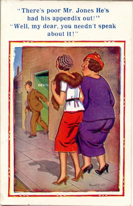 Framed Print : Comic postcard, Women see man leaving Gents Framed Print : Comic postcard, Women see man leaving Gents