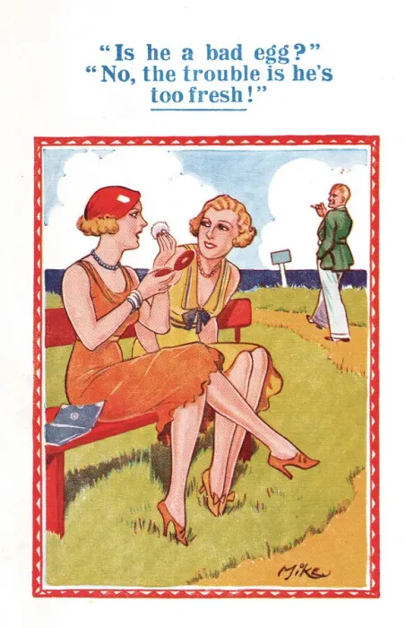 Framed Print : Comic postcard, Two women and a man at the seaside - too fresh! Date: 20th century Framed Print : Comic postcard, Two women and a man at the seaside - too fresh! Date: 20th century