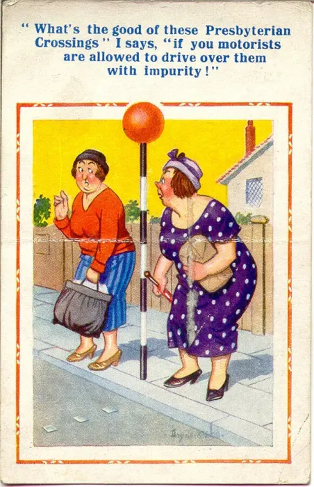 Framed Print : Comic postcard, Women at pedestrian crossing with Belisha beacon Date: circa 1930s