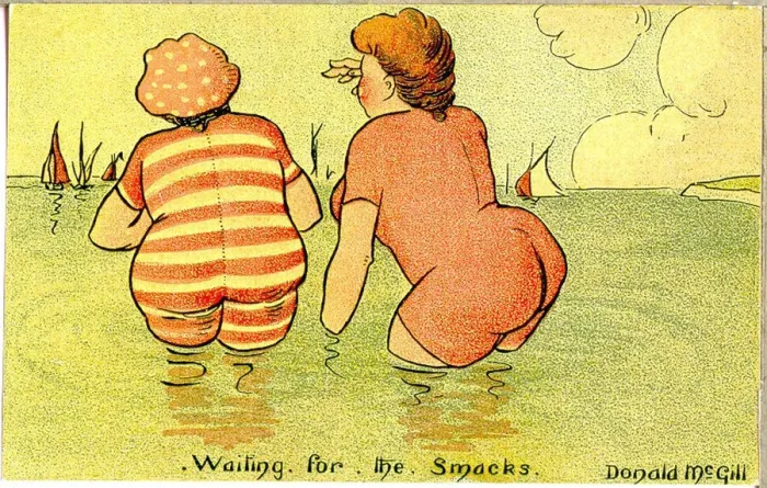 Framed Print : Comic postcard, Two women in the sea - waiting for the smacks. Date: 20th century Framed Print : Comic postcard, Two women in the sea - waiting for the smacks. Date: 20th century