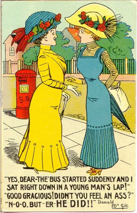Framed Print : Comic postcard, Two women in the street Date: 20th century Framed Print : Comic postcard, Two women in the street Date: 20th century