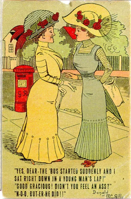 Framed Print : Comic postcard, Two women in the street Date: 20th century Framed Print : Comic postcard, Two women in the street Date: 20th century