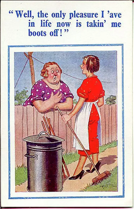: Comic postcard, Two women talking over the garden fence. Date: 20th century : Comic postcard, Two women talking over the garden fence. Date: 20th century