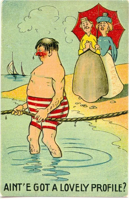 Framed Print : Comic postcard, Two women watch a man bathing in the sea Date: 20th century Framed Print : Comic postcard, Two women watch a man bathing in the sea Date: 20th century