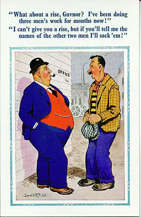 : Comic postcard, Workman asks boss for a pay rise Date: 20th century : Comic postcard, Workman asks boss for a pay rise Date: 20th century